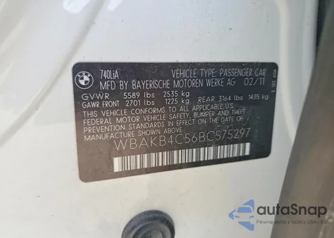 2011 BMW 740 Li из США, поврежденный, VIN WBAKB4C56BC575297